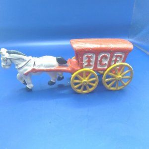 Vintage Chadwick 1975 Cast Iron White Horse Drawn Red Ice Cart Buggy Wag…